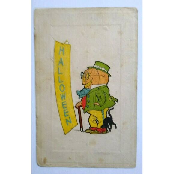 Fantasy Halloween Postcard Green Goblin Walking Cane Black Cat 1916 Falmouth - Picture 3 of 6